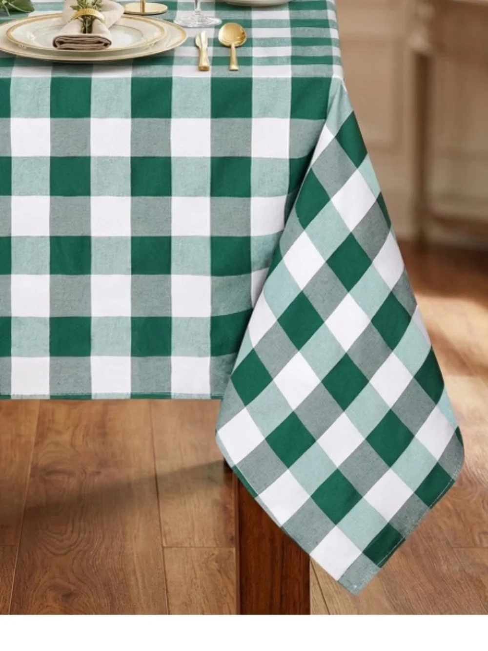 Checkered Tablecloth Washable Polyester Rectangular 60x84” GREEN & WHITE